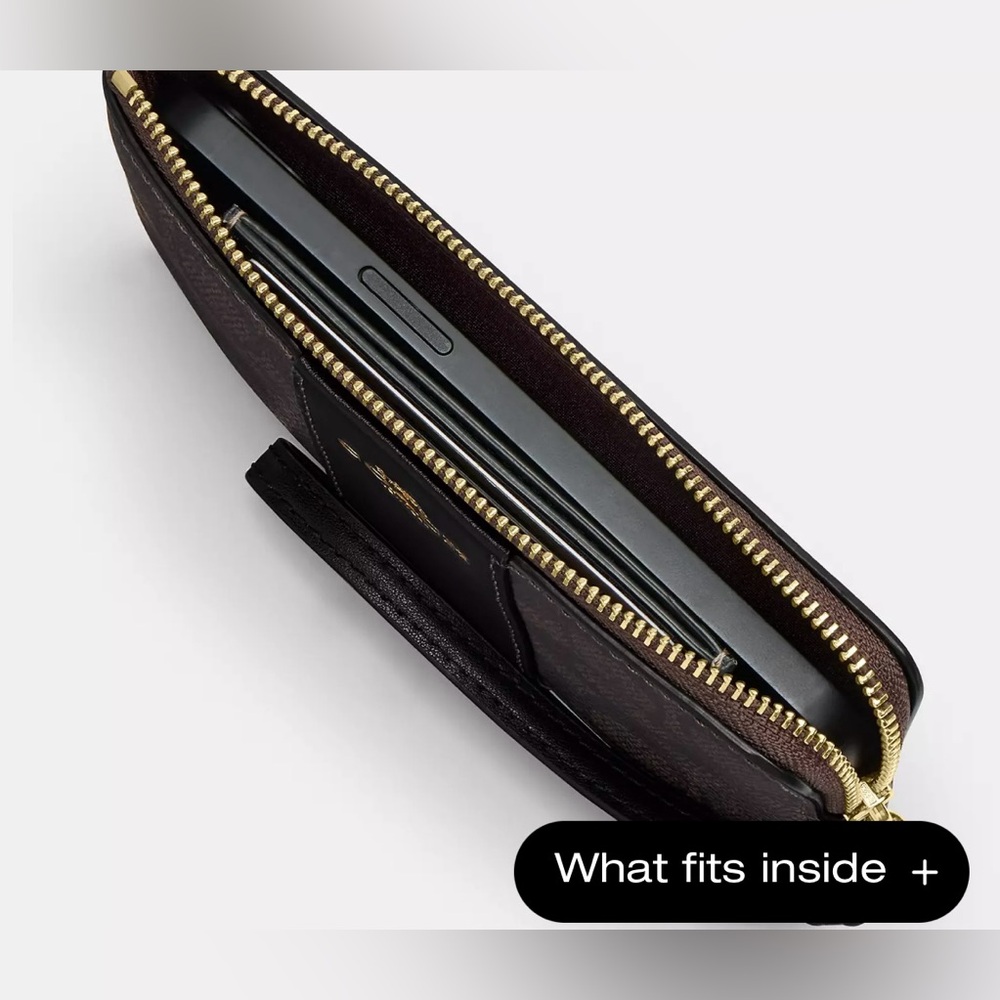 Coach Women’s Leather Corner Zip Wristlet In Signature Canvas With Black Stripe - Picture 11 of 12